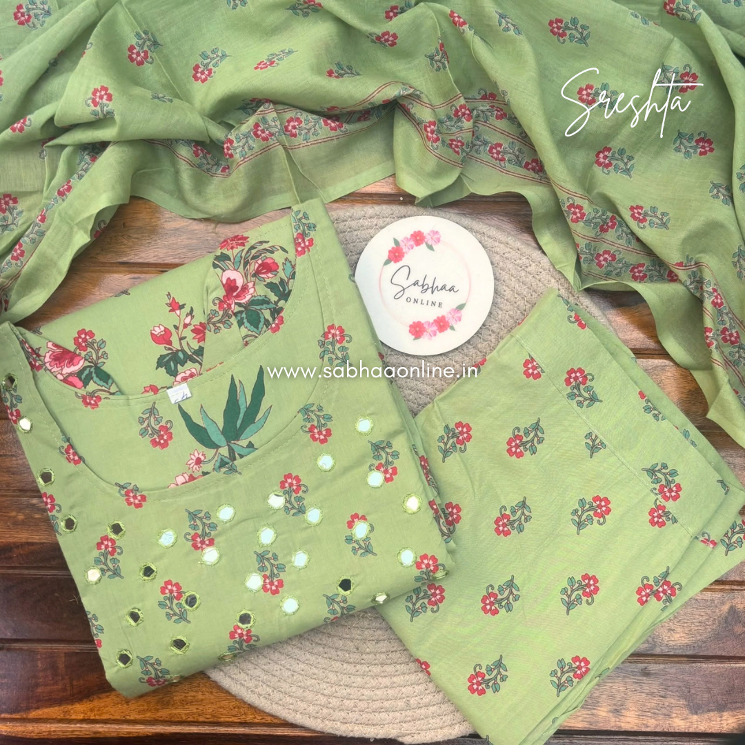 Sreshta - Pista Green Cotton kurti 3pc set with lining - LN 72