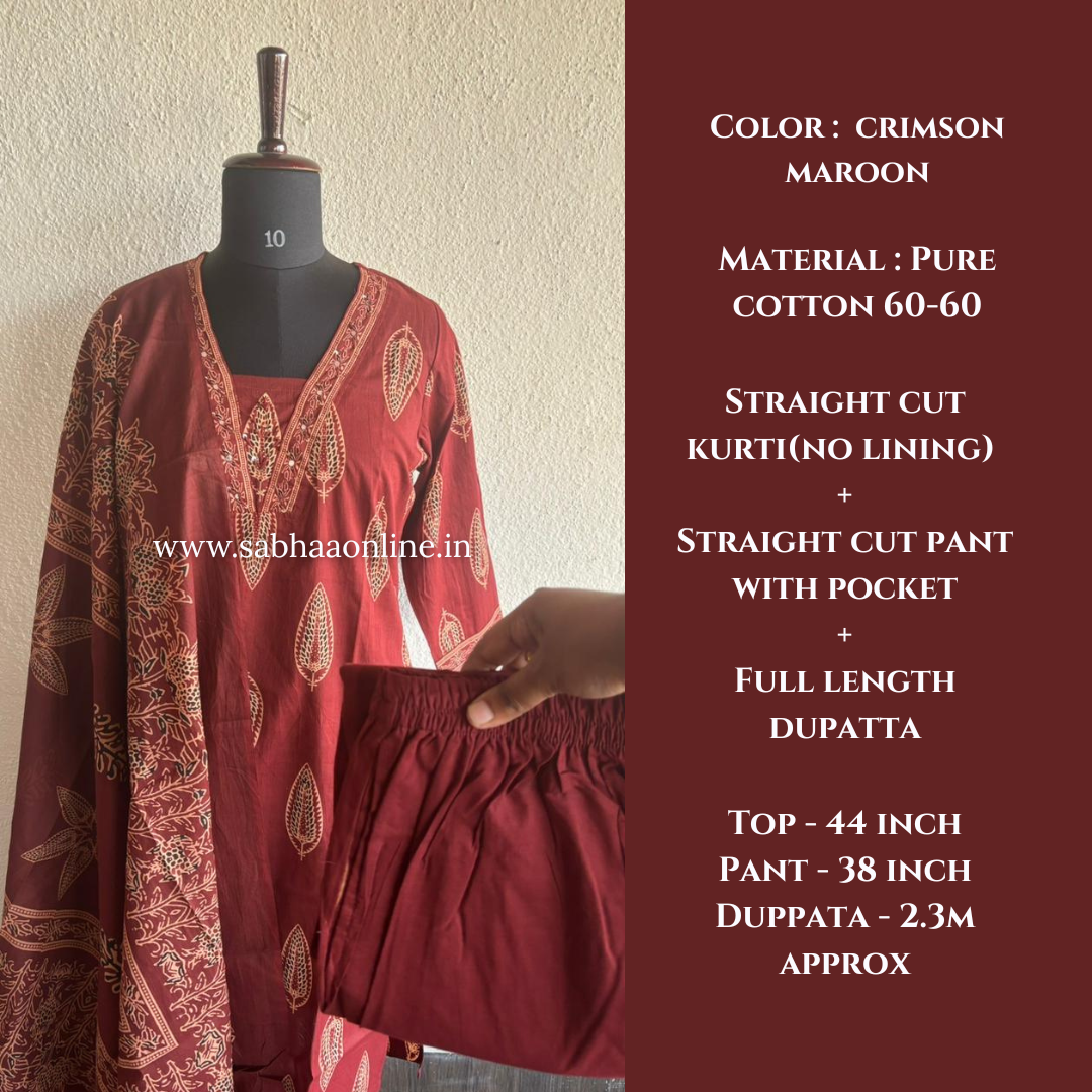 Anaya - Crimson Maroon Cotton kurti 3pc set - LN 50