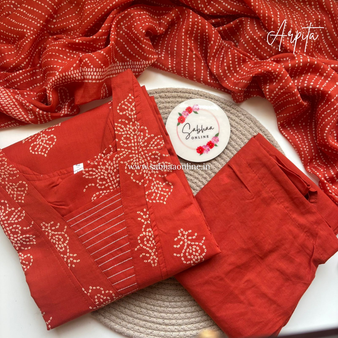 Arpita - Vermillion Orange bandhej Cotton kurti 3pc set with lining - LN 44