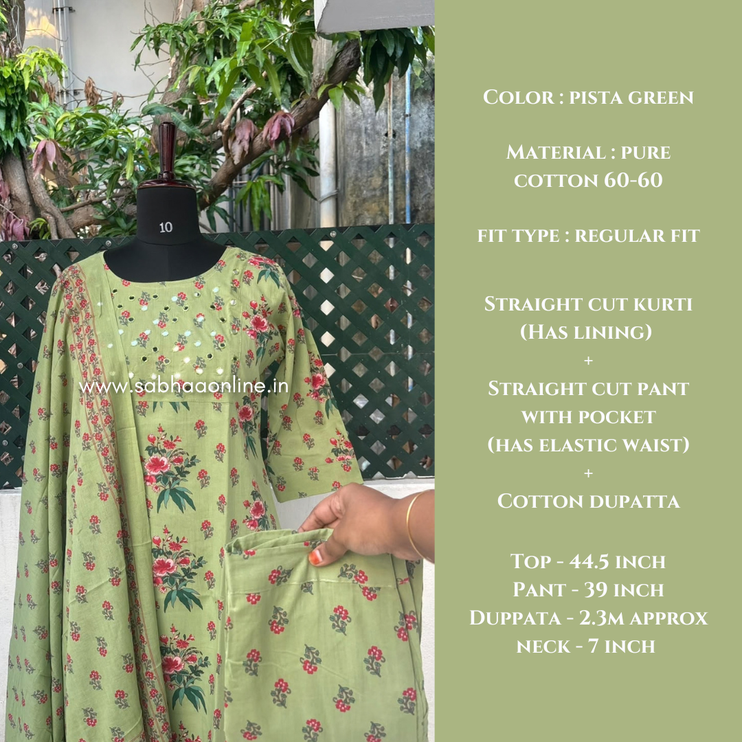 Sreshta - Pista Green Cotton kurti 3pc set with lining - LN 72