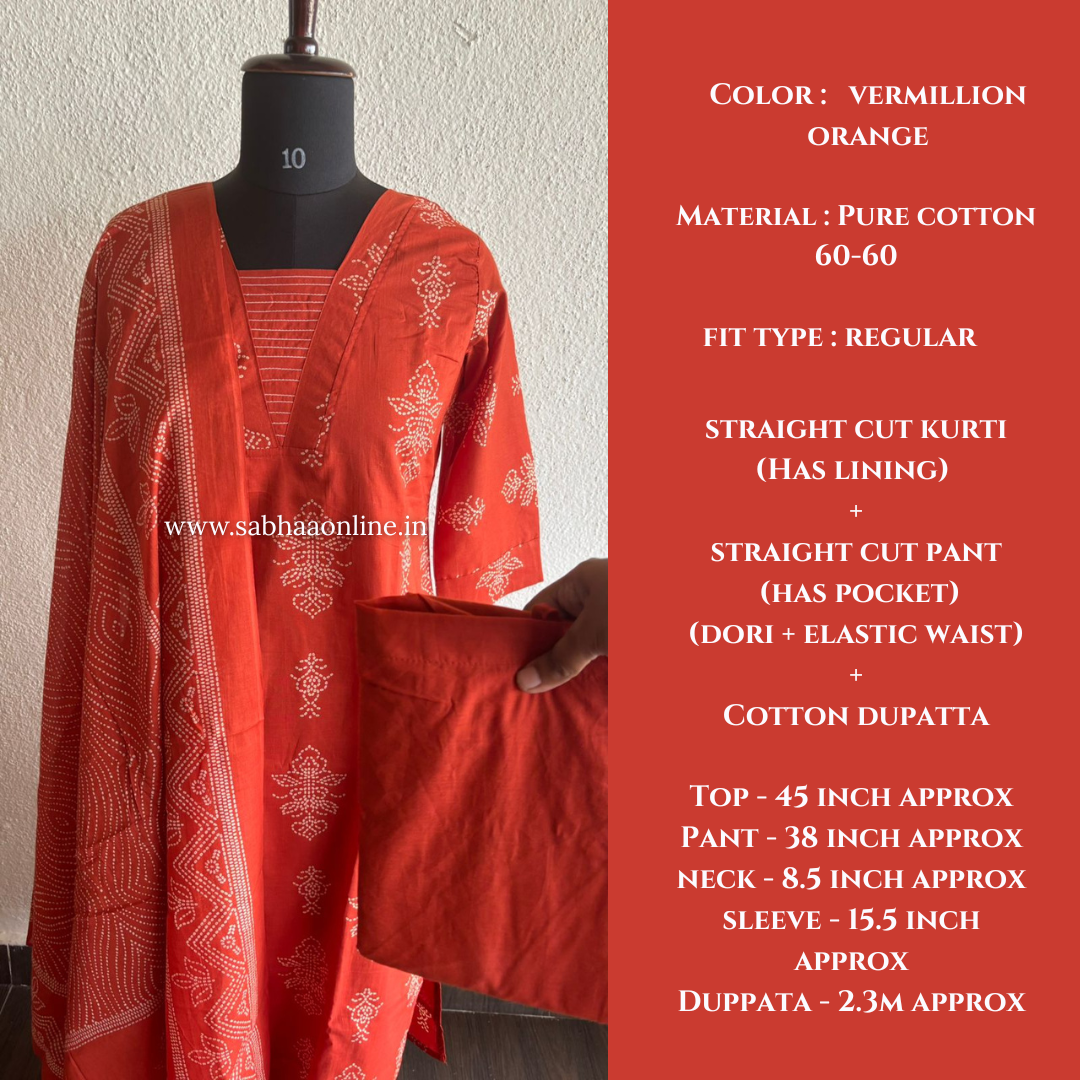 Arpita - Vermillion Orange bandhej Cotton kurti 3pc set with lining - LN 44