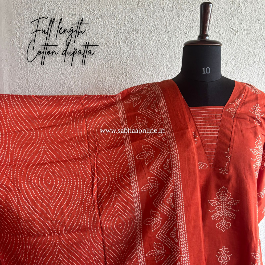 Arpita - Vermillion Orange bandhej Cotton kurti 3pc set with lining - LN 44