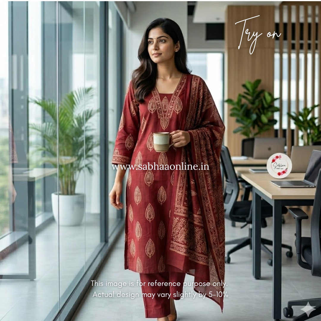 Anaya - Crimson Maroon Cotton kurti 3pc set - LN 50