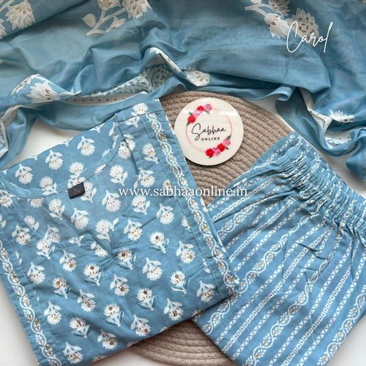 Carol - Powder Blue Cotton kurti 3 pc set - LN 50