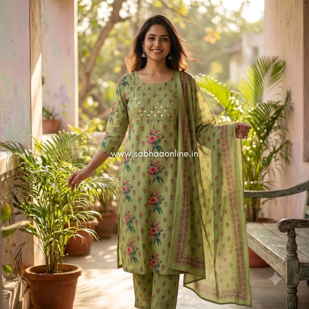 Sreshta - Pista Green Cotton kurti 3pc set with lining - LN 72