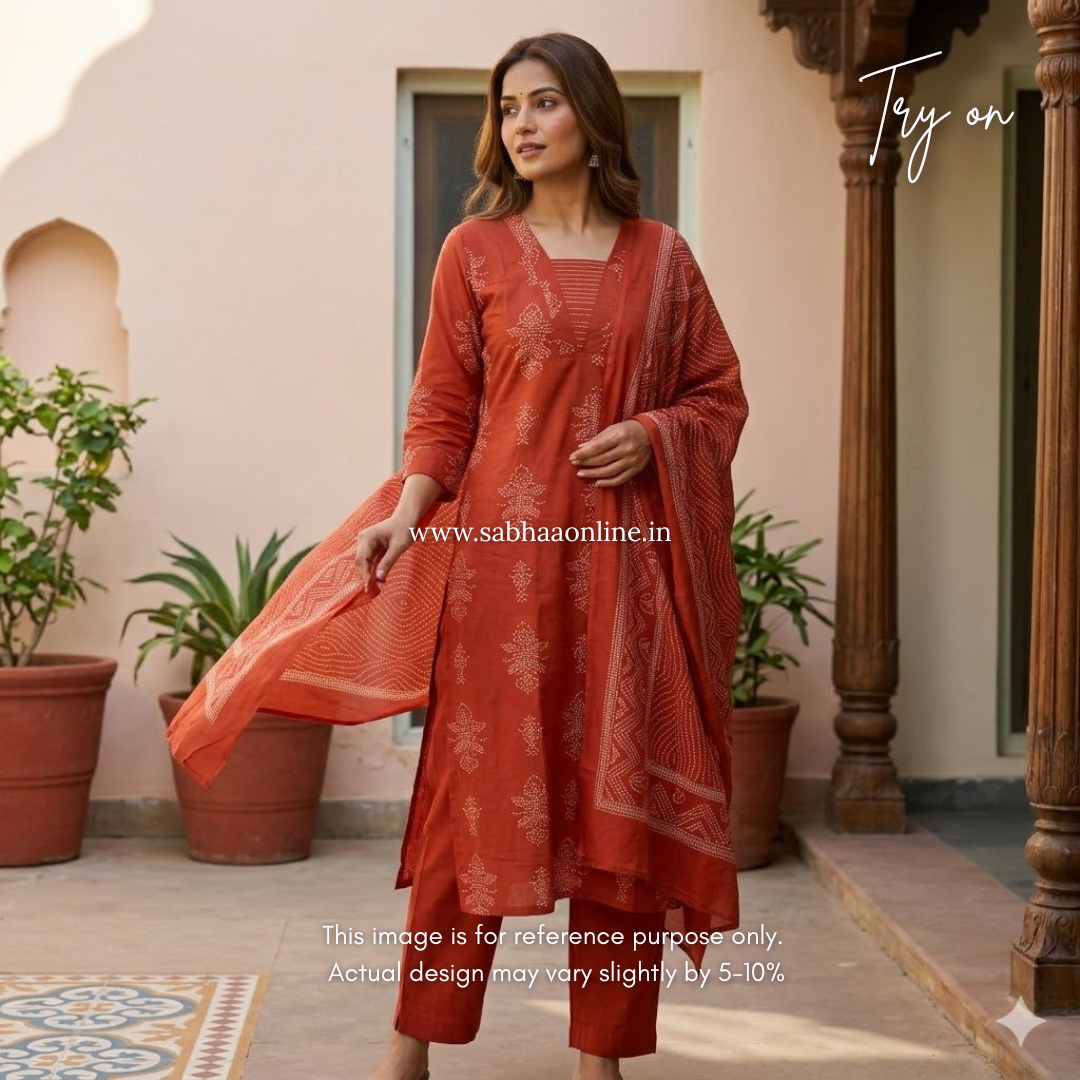 Arpita - Vermillion Orange bandhej Cotton kurti 3pc set with lining - LN 44