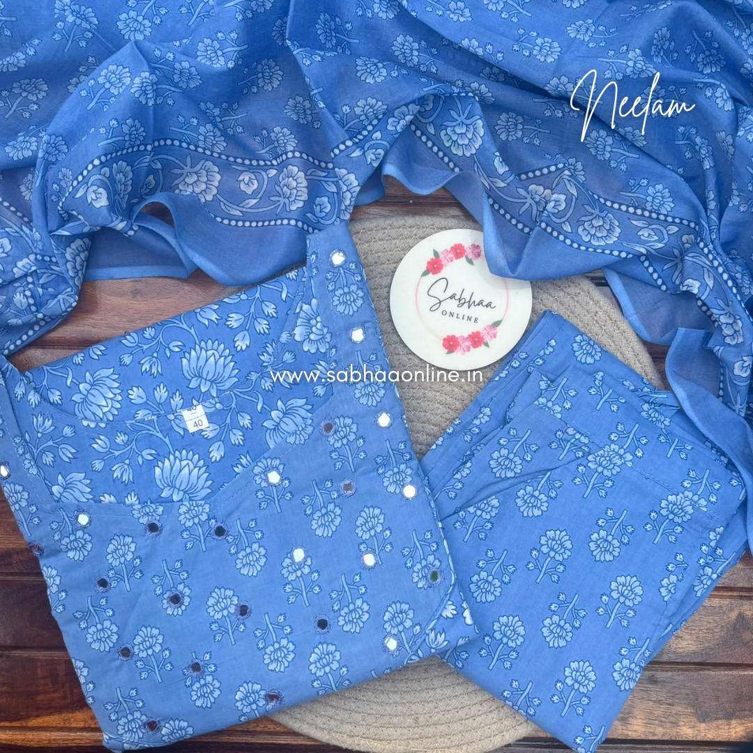 Neelam - Bright Powder Blue Cotton kurti 3pc set with lining - LN 72