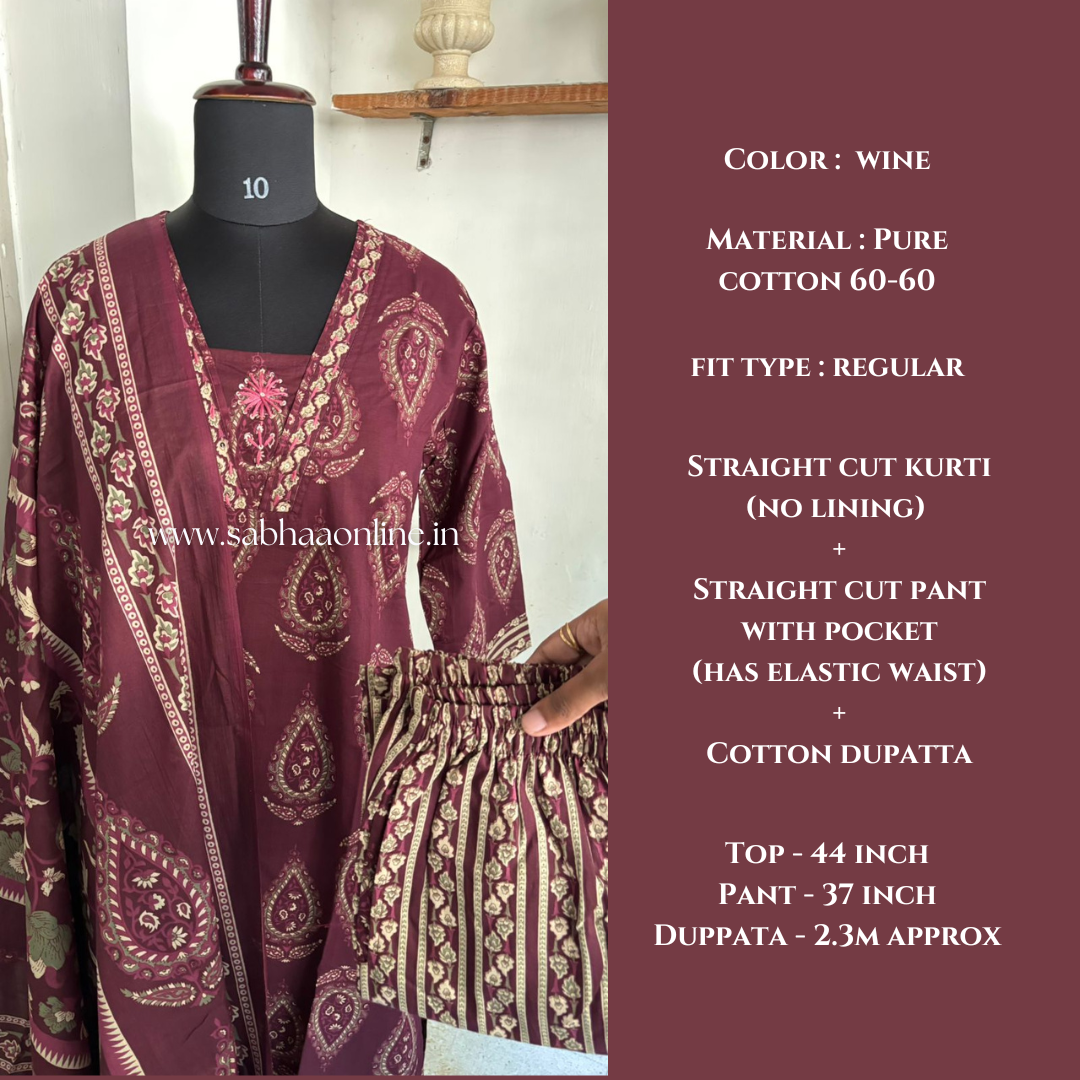 Leela - Wine Cotton kurti 3pc set - LN23