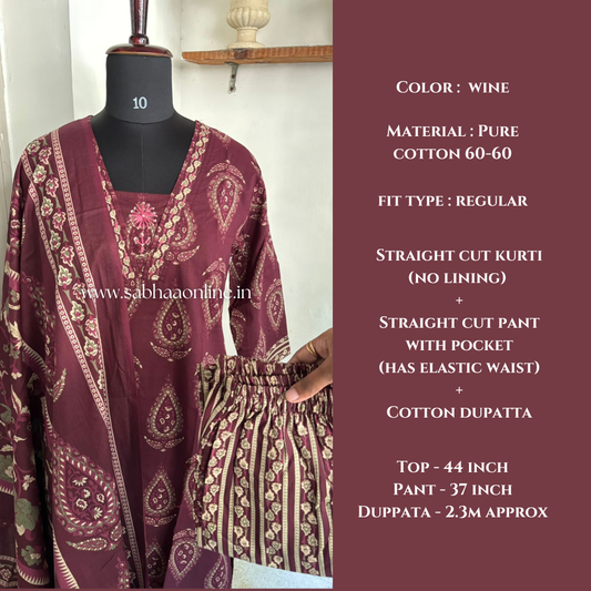 Leela - Wine Cotton kurti 3pc set - LN23