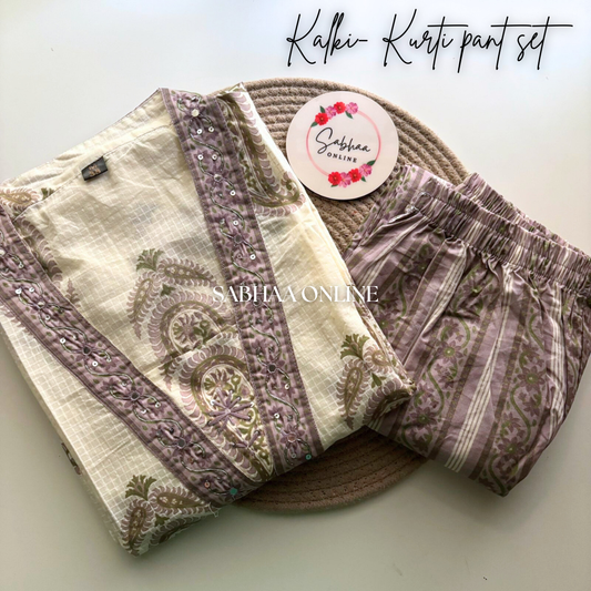 Kalki - Off white and mauve Cotton kurti pant set (Only Size M 38)