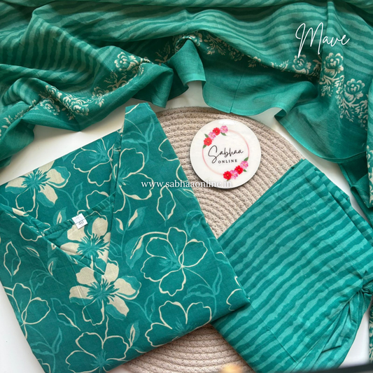 Mave - Light sea green floral cotton kurti 3pc set with lining - LN 44
