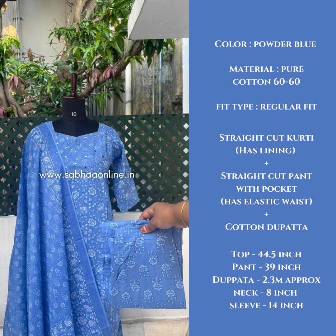 Neelam - Bright Powder Blue Cotton kurti 3pc set with lining - LN 72
