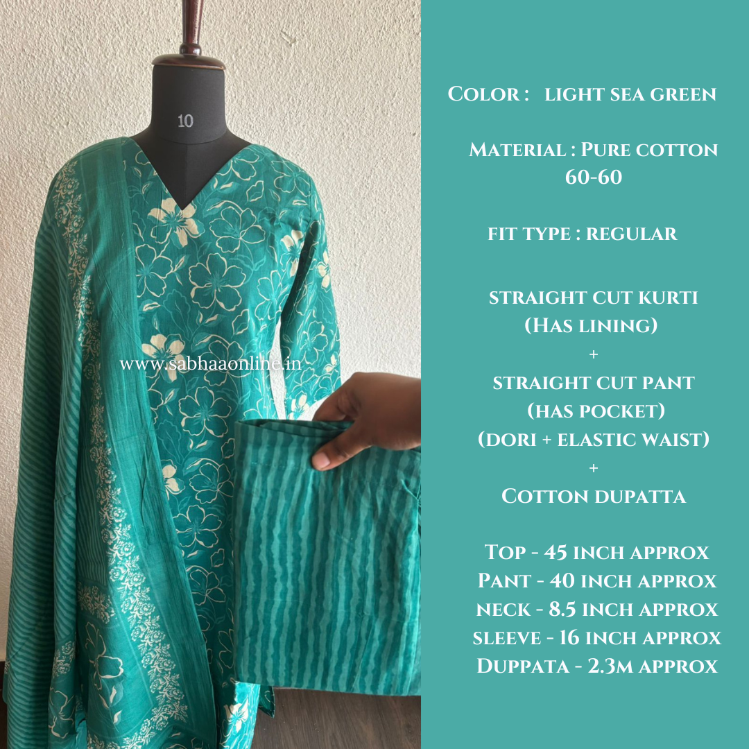 Mave - Light sea green floral cotton kurti 3pc set with lining - LN 44