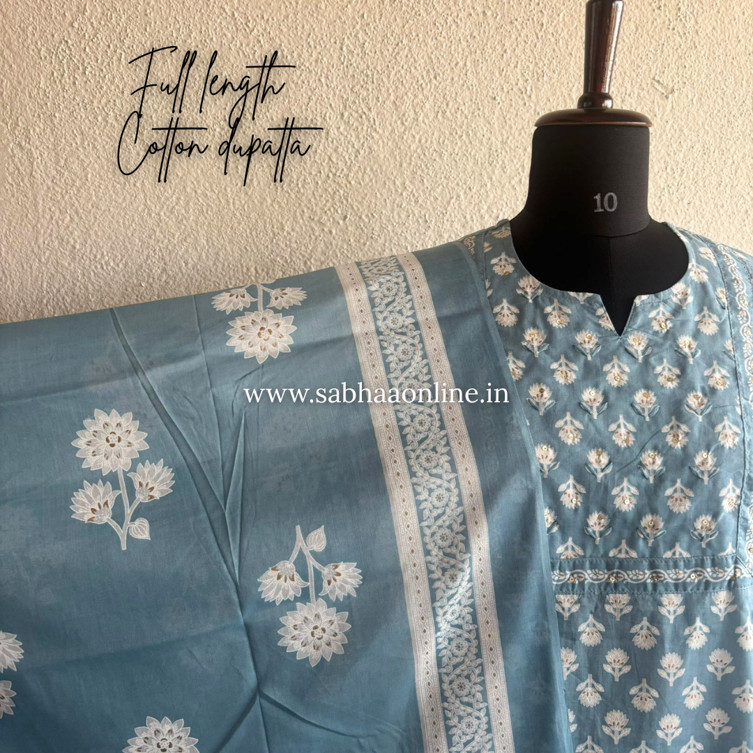 Carol - Powder Blue Cotton kurti 3 pc set - LN 50