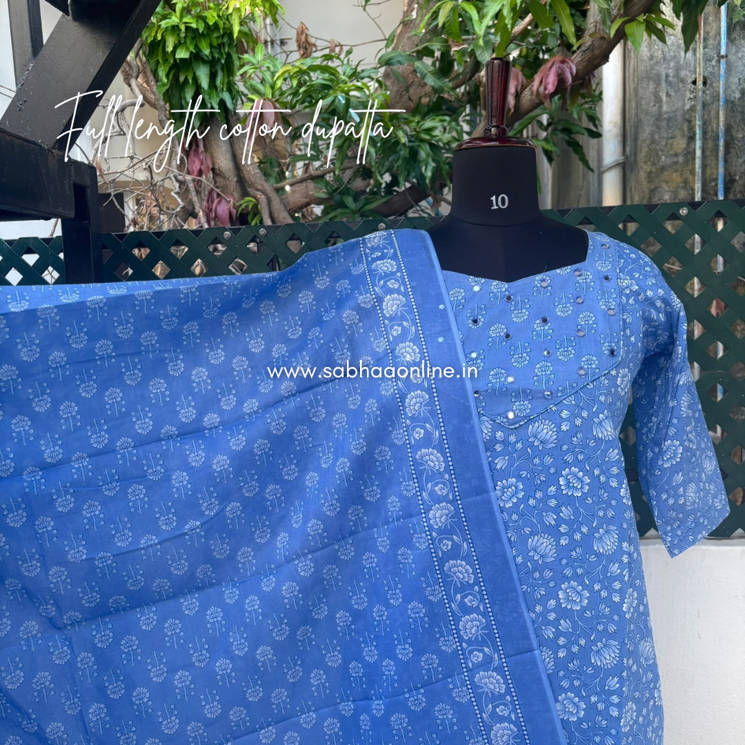 Neelam - Bright Powder Blue Cotton kurti 3pc set with lining - LN 72