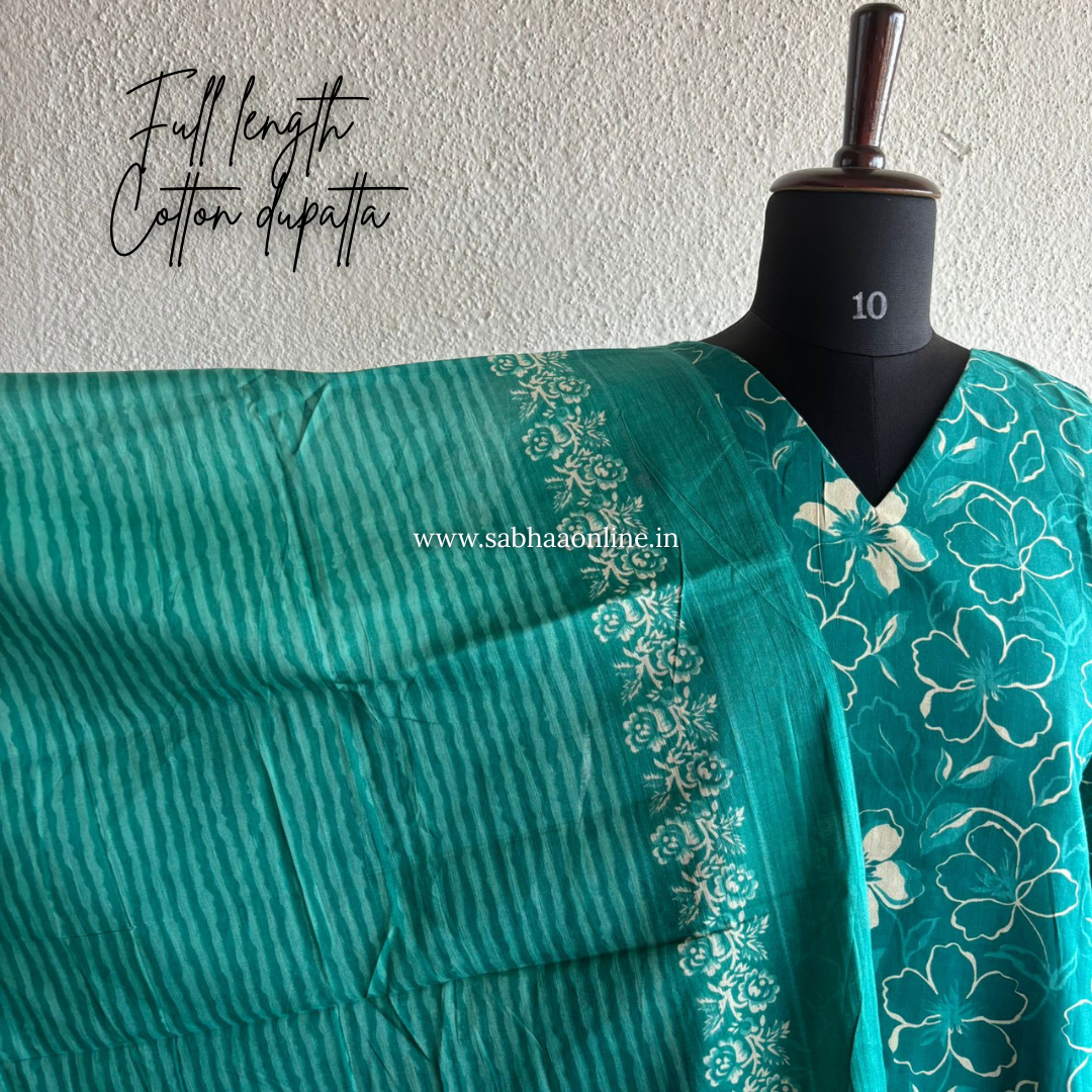 Mave - Light sea green floral cotton kurti 3pc set with lining - LN 44