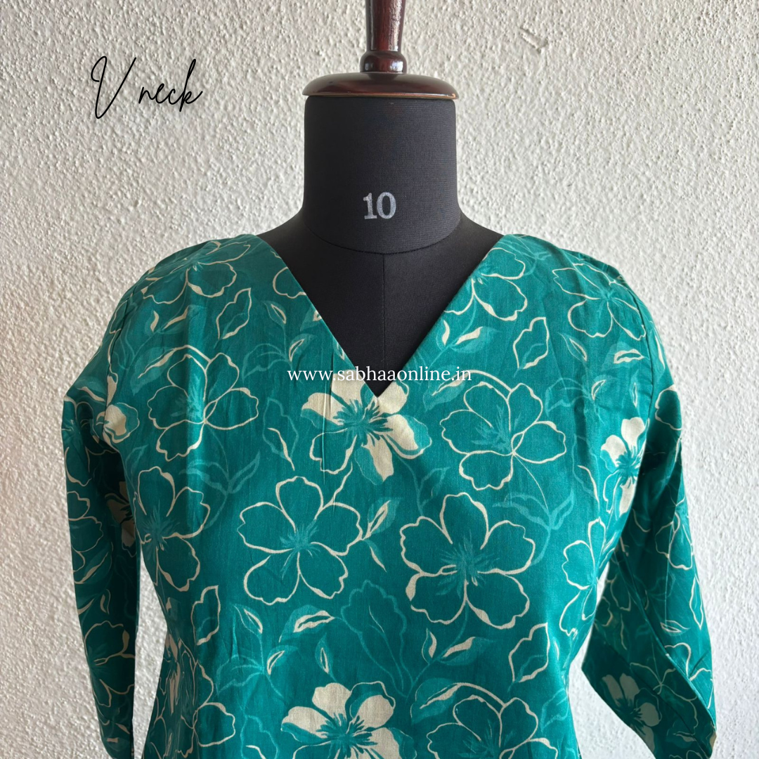 Mave - Light sea green floral cotton kurti 3pc set with lining - LN 44