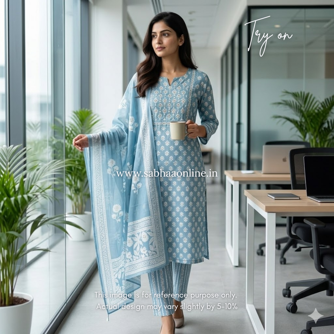 Carol - Powder Blue Cotton kurti 3 pc set - LN 50