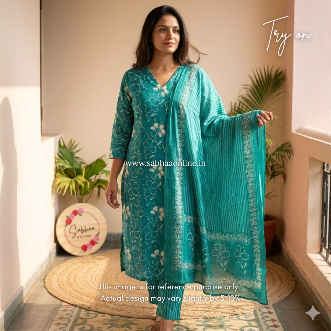 Mave - Light sea green floral cotton kurti 3pc set with lining - LN 44