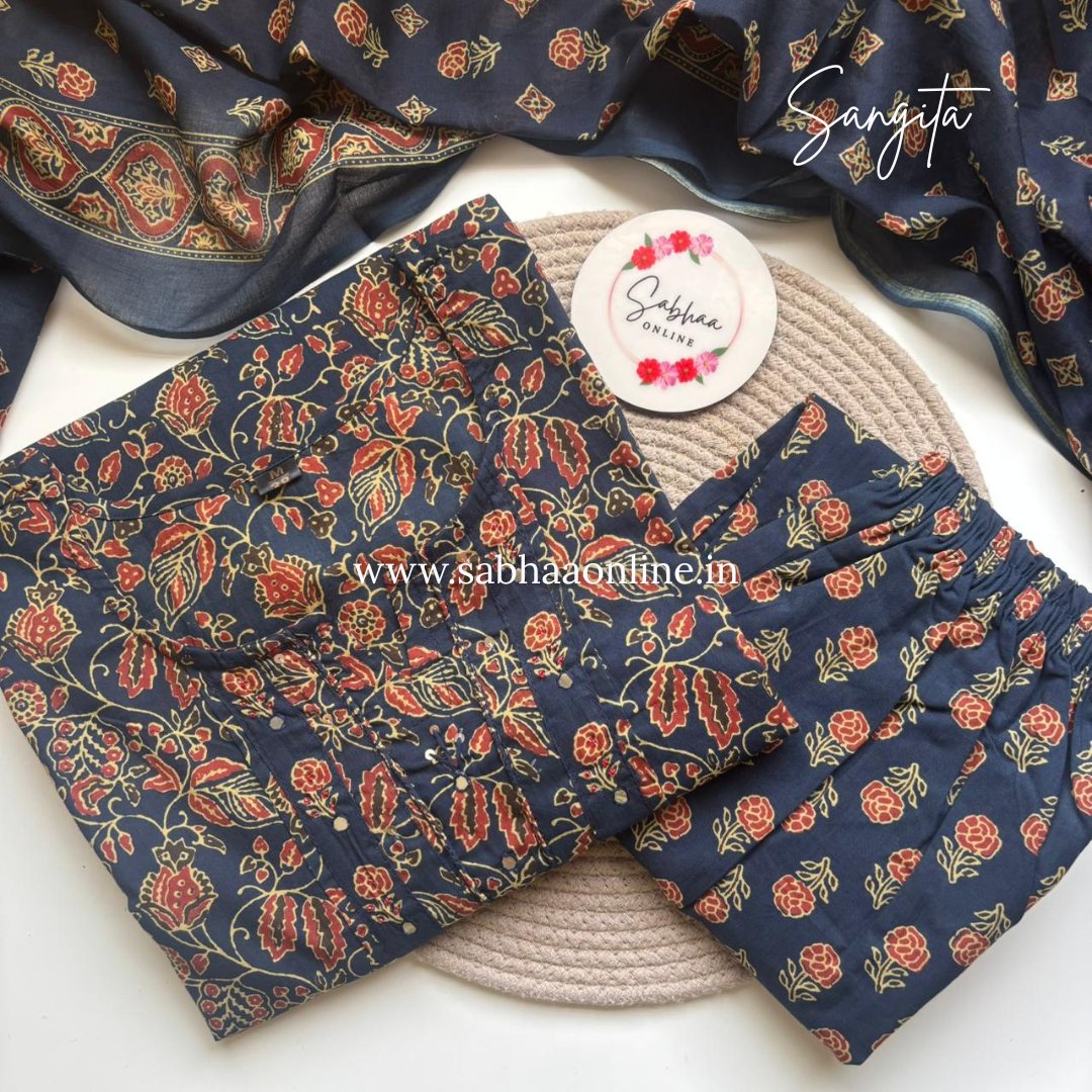 Sangita - Navy blue ajrakh Cotton kurti 3pc set - LN 50