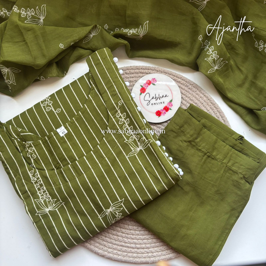 Ajantha - Forest green stripe Cotton kurti 3pc set with lining - LN 44