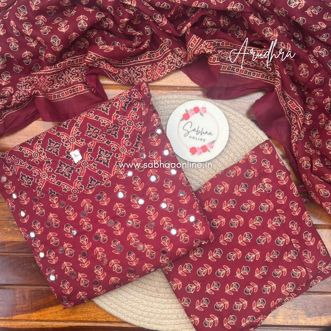 Arudhra - Maroon Ajrakh Mirror work Cotton kurti 3pc set with lining (Slim fit)- LN 72