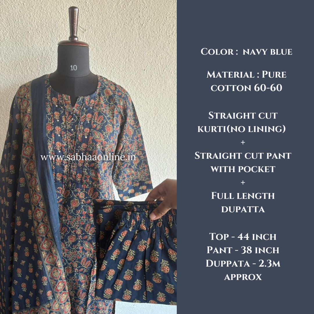 Sangita - Navy blue ajrakh Cotton kurti 3pc set - LN 50