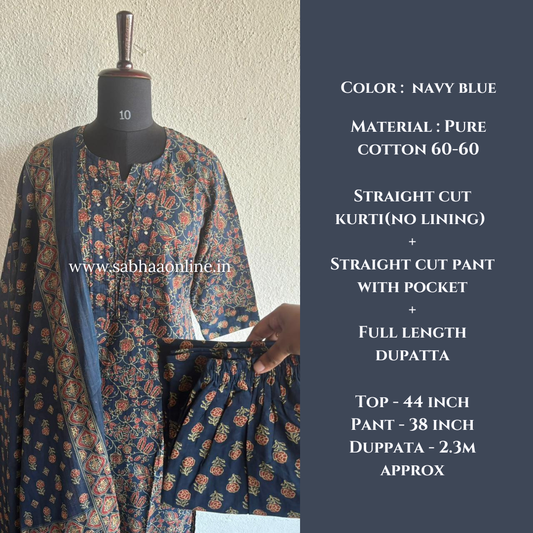 Sangita - Navy blue ajrakh Cotton kurti 3pc set - LN 50