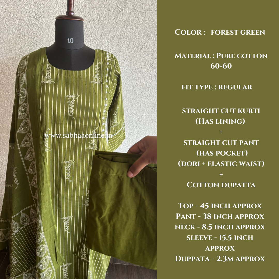 Ajantha - Forest green stripe Cotton kurti 3pc set with lining - LN 44