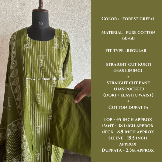 Ajantha - Forest green stripe Cotton kurti 3pc set with lining - LN 44