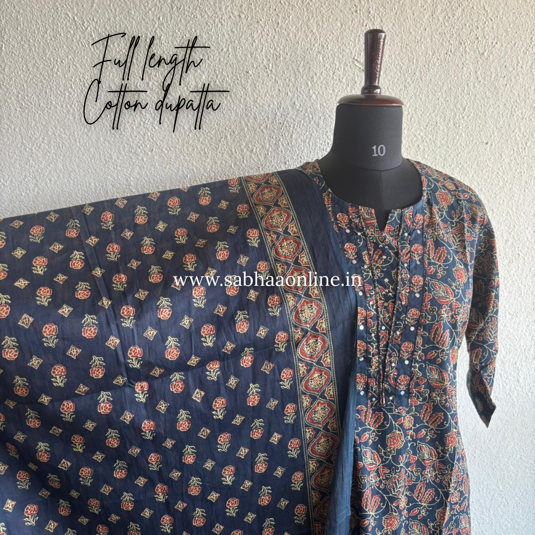 Sangita - Navy blue ajrakh Cotton kurti 3pc set - LN 50