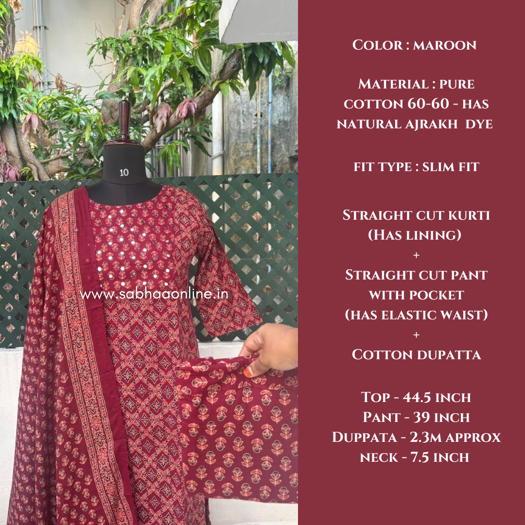Arudhra - Maroon Ajrakh Mirror work Cotton kurti 3pc set with lining (Slim fit)- LN 72