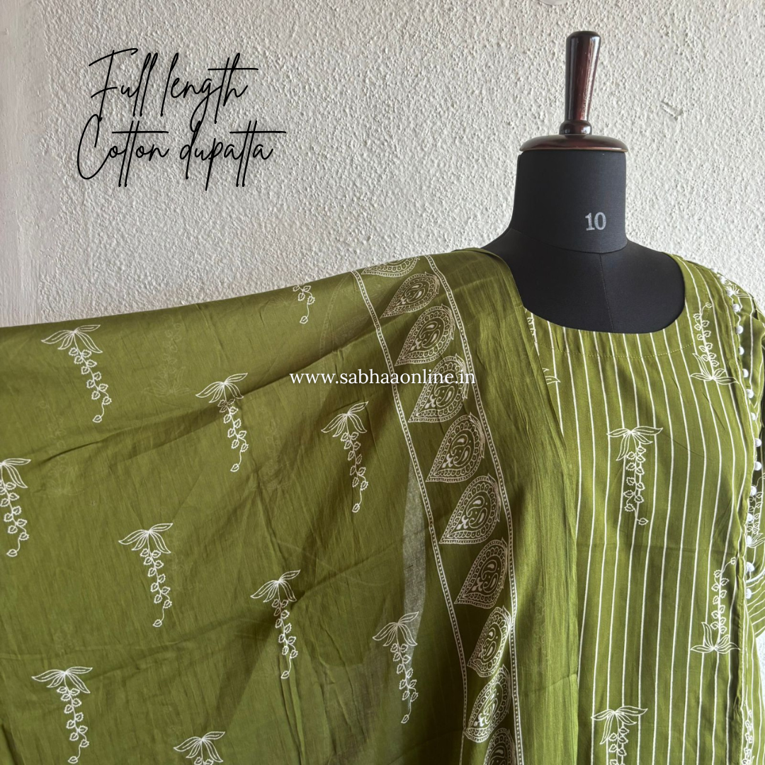 Ajantha - Forest green stripe Cotton kurti 3pc set with lining - LN 44