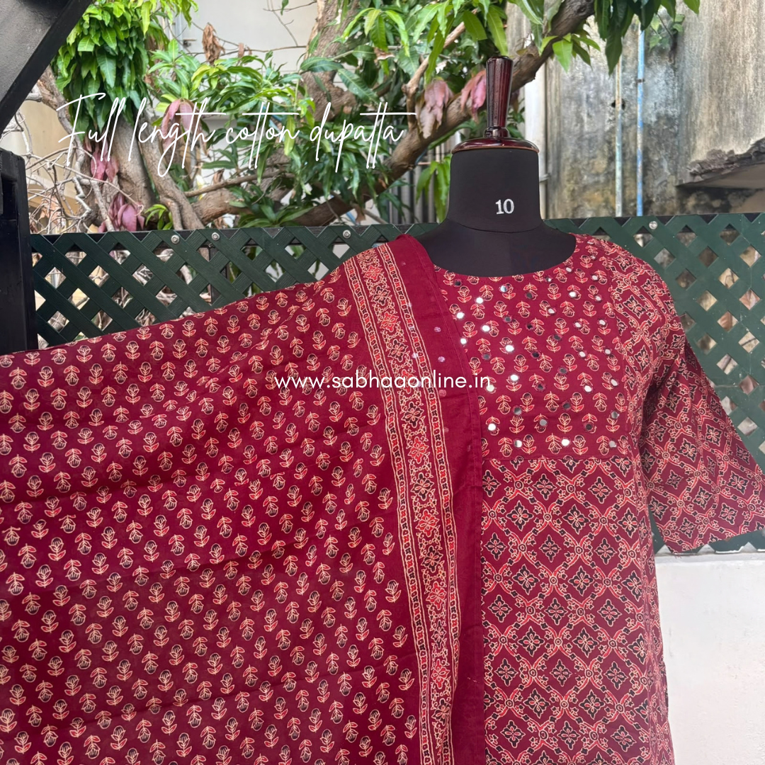 Arudhra - Maroon Ajrakh Mirror work Cotton kurti 3pc set with lining (Slim fit)- LN 72