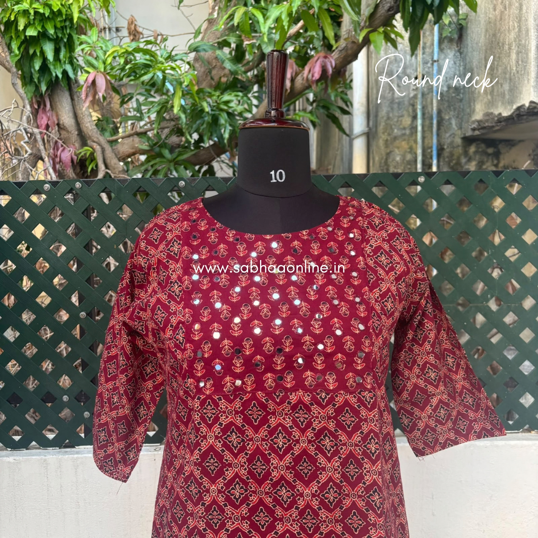 Arudhra - Maroon Ajrakh Mirror work Cotton kurti 3pc set with lining (Slim fit)- LN 72
