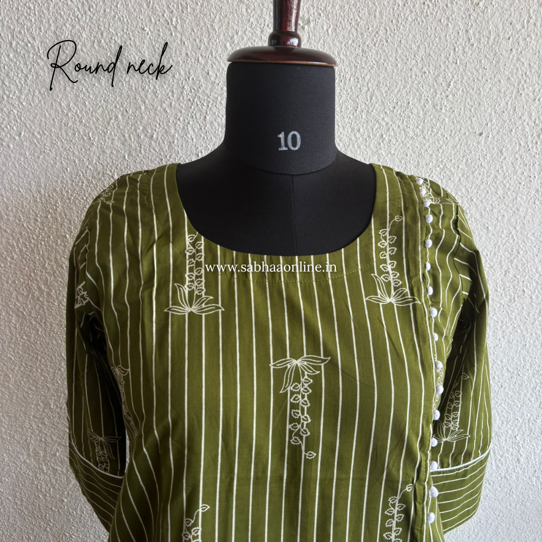 Ajantha - Forest green stripe Cotton kurti 3pc set with lining - LN 44