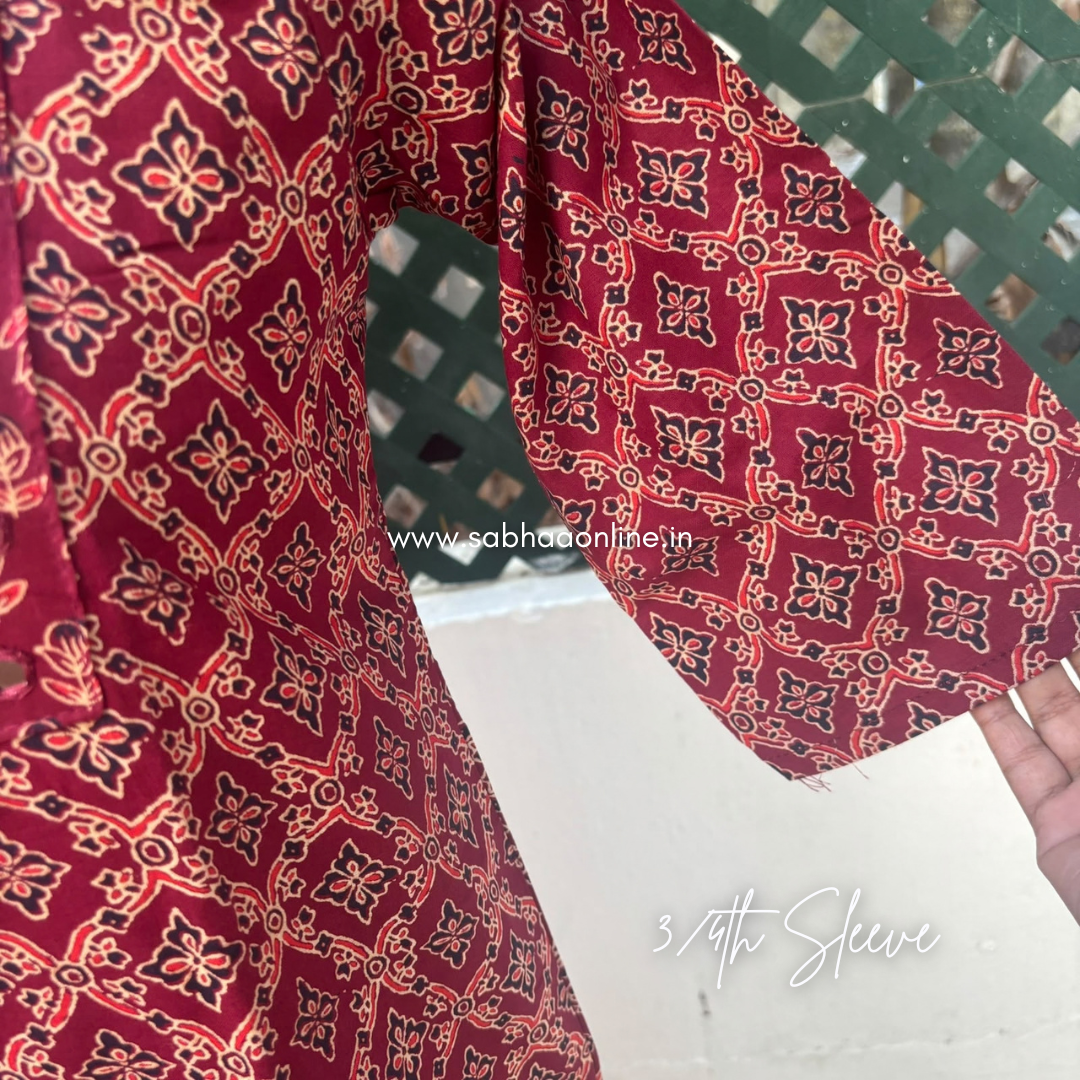 Arudhra - Maroon Ajrakh Mirror work Cotton kurti 3pc set with lining (Slim fit)- LN 72