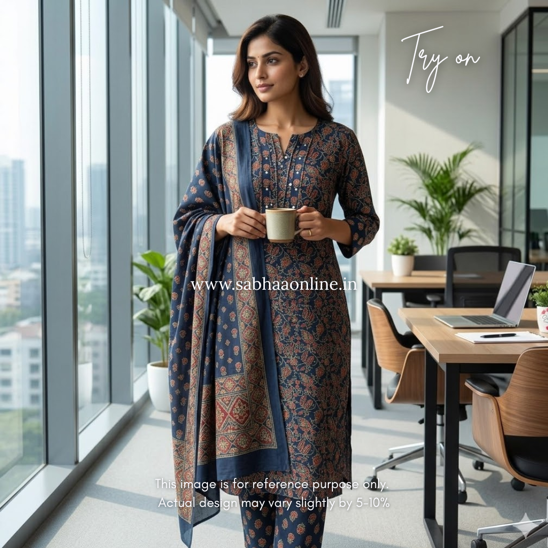 Sangita - Navy blue ajrakh Cotton kurti 3pc set - LN 50