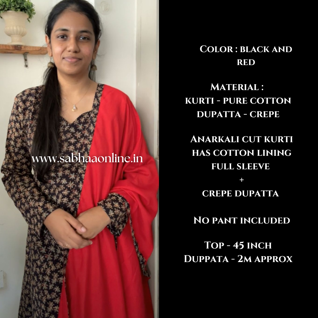 Selvi - Black and Red Cotton crepe Anarkali + dupatta set - LN24