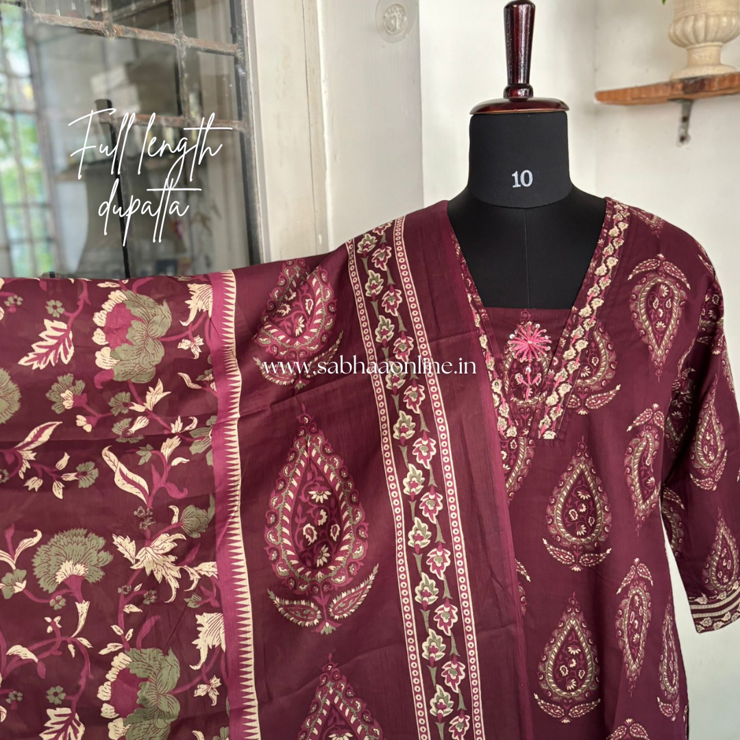 Leela - Wine Cotton kurti 3pc set - LN23