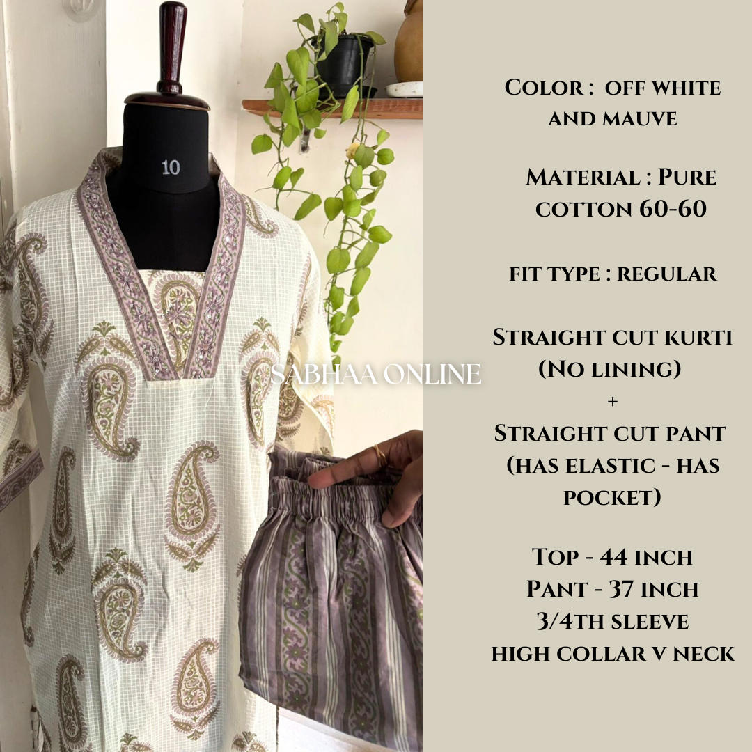 Kalki - Off white and mauve Cotton kurti pant set (Only Size M 38)