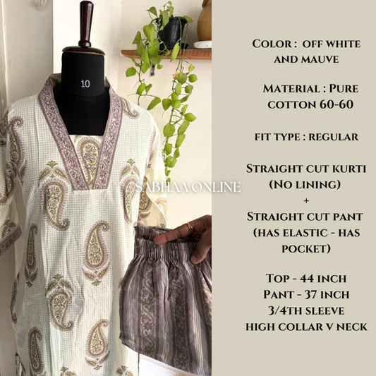 Kalki - Off white and mauve Cotton kurti pant set (Only Size M 38)