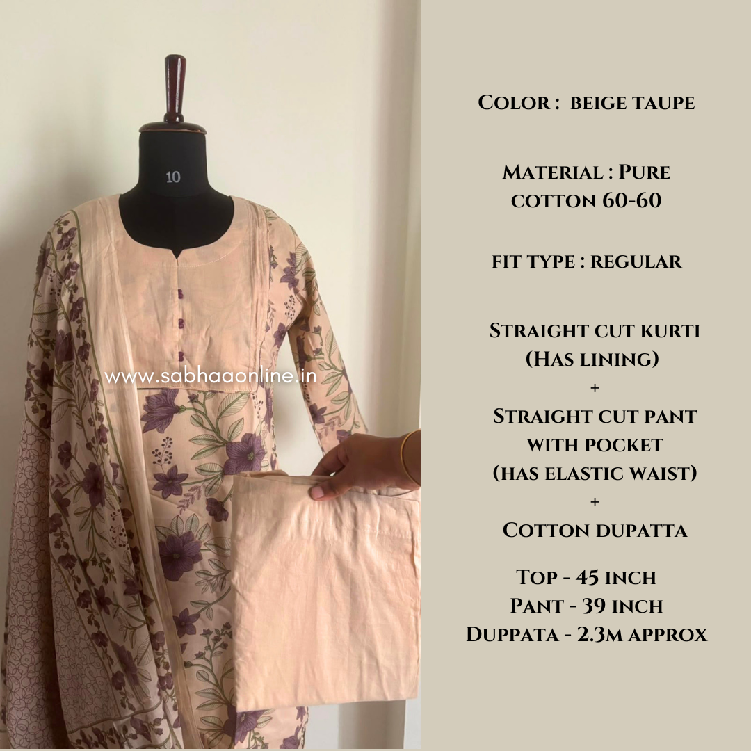 Suba - Beige Taupe Cotton kurti 3pc set with lining - LN 65