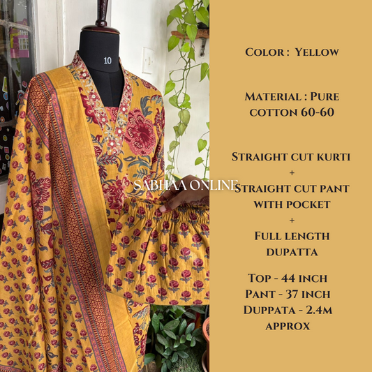 Amadora - Yellow Cotton Kurti 3pc set
