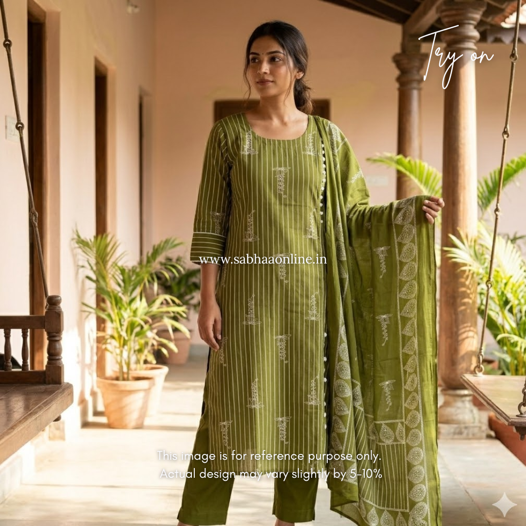 Ajantha - Forest green stripe Cotton kurti 3pc set with lining - LN 44