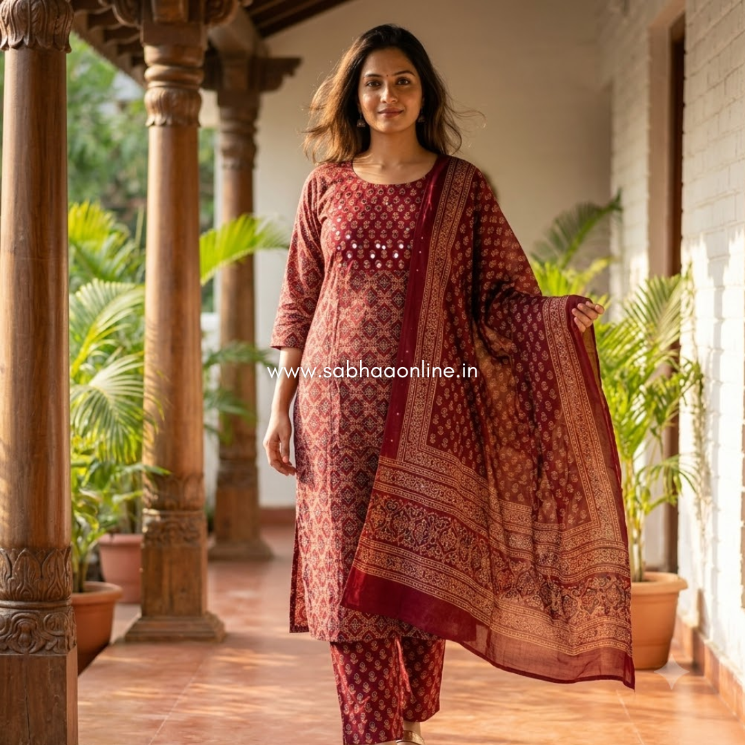Arudhra - Maroon Ajrakh Mirror work Cotton kurti 3pc set with lining (Slim fit)- LN 72