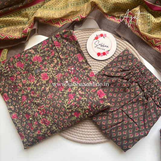 Ayat - Green Gray Cotton kurti 3pc set - LN 50