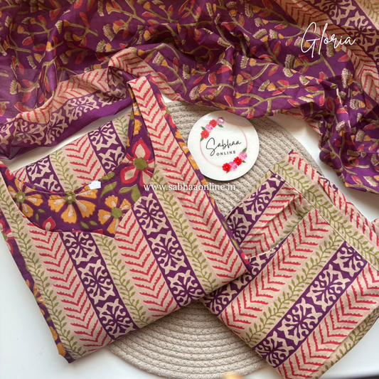 Gloria - Plum purple and beige Cotton kurti 3pc set with lining - LN 44
