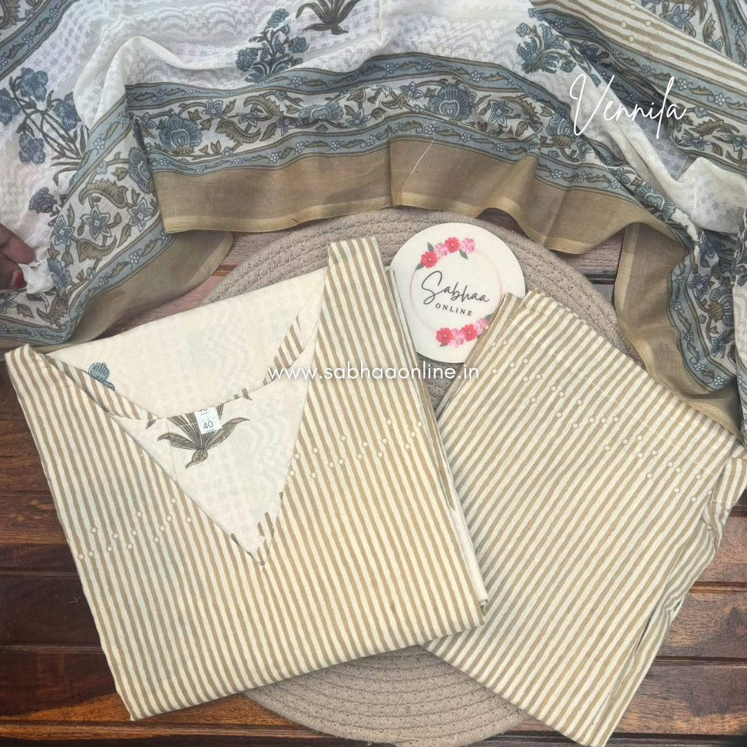 Vennila - Beige, white and slate blue Cotton Kurti 3pc set with lining - LN 72