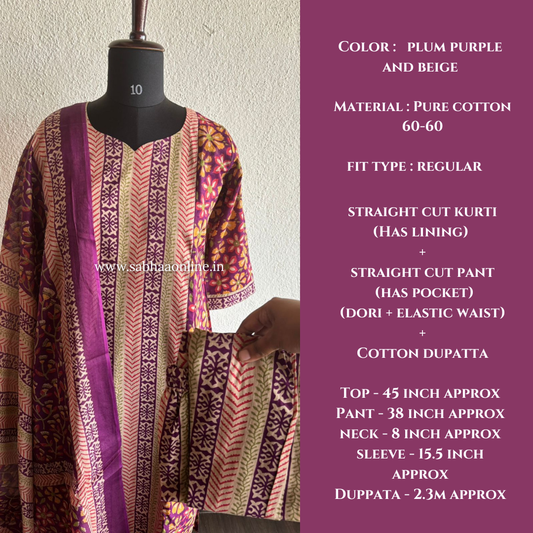 Gloria - Plum purple and beige Cotton kurti 3pc set with lining - LN 44